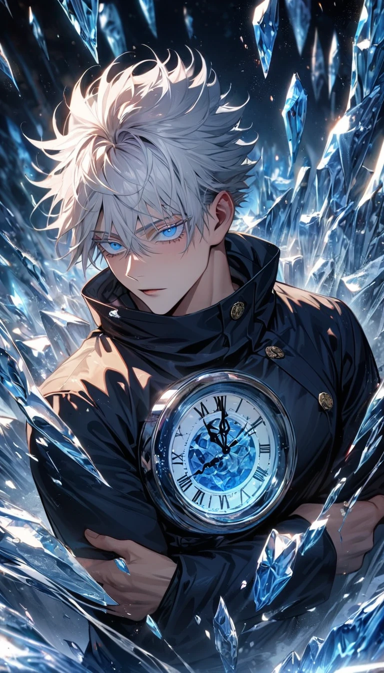 absurdres, highres, ultra detailed, HDR, master piece, best quality, extremely detailed face and eyes, perfect face, beautiful eyes, Gojo Satoru, white hair with bangs, hair between the eyes, expressive blue eyes, white eyelashes, Jujutsu Kaisen, solo, sexy man, handsome, ice clock, ice butterflies, ice trees, ice flowers, ice petals