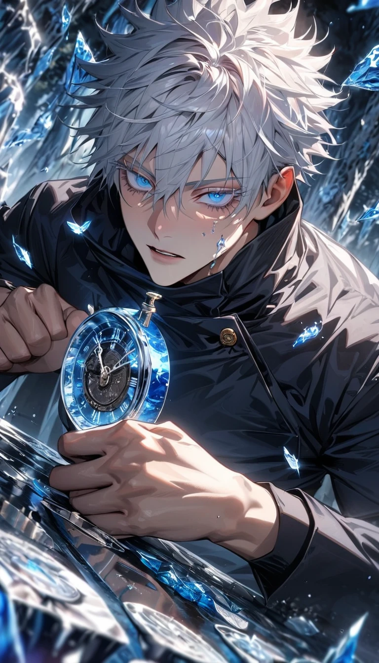 absurdres, highres, ultra detailed, HDR, master piece, best quality, extremely detailed face and eyes, perfect face, beautiful eyes, Gojo Satoru, white hair with bangs, hair between the eyes, expressive blue eyes, white eyelashes, Jujutsu Kaisen, solo, sexy man, handsome, ice clock, ice butterflies, ice trees, ice flowers, ice petals