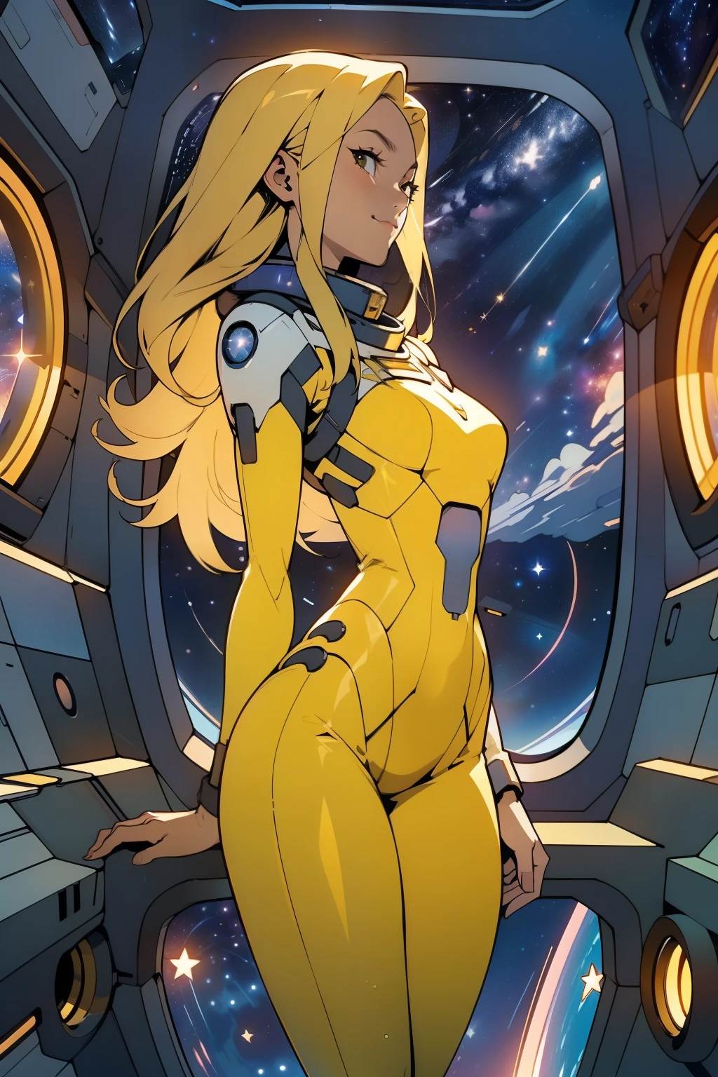 (masterpiece, best quality:1.2), (cowboy shot:1.1), solo, 1girl, mori yuki, slight smile, closed mouth, side view, looking at viewer, blonde hair, long hair, thigh gap, yellow bodysuit, skin-tight, perfect body, large window, (starship porthole:1.3), (spread legs:1.0), (standing:1.1), thigh gap, sensual pose, sideview, perfect hands, bright starship interior, (outer space view:1.1), (orbital view:1.3), (night, stary sky:1.5), milky way