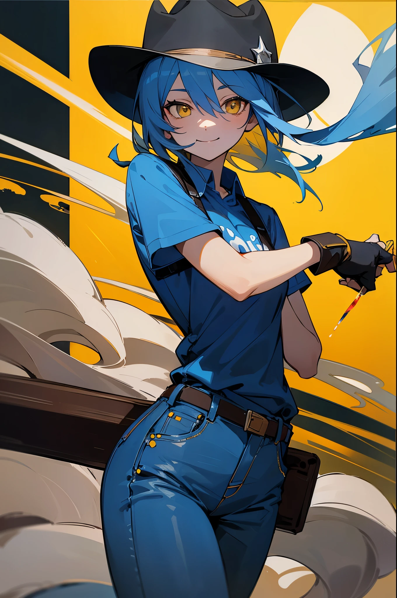 (8K Ultra High-Quality) (Masterpieces) (Image) (figure: Rimuru) 1 Girl, Yellow eyes colors, wearing Cowboy shirt, wearing Jean, smoking, right hand holding Revolver, wearing Cowboy hat, background in farm, smile looking at viewer,
