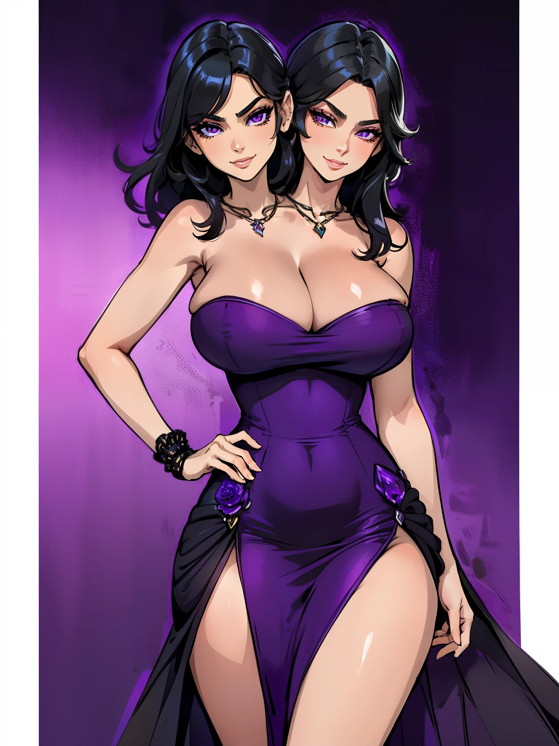 best quality, (masterpiece),(ultra-detailed), (high quality), (high resolution), ((2heads:1.5)), best quality:1.5, highres, UHD, 16K), two headed woman, smiling, highres, masterpiece, ((black hair)),cleavage, ((purple dress)), lustrous and smooth skin, huge breasts, (mature woman), seductive silhouette, ((slim hips)), casual dress, sexy proportions, Beautiful girl with accentuated slender abs, long legs, seductive woman, party background, necklace, body con dress, strapless, sleeveless