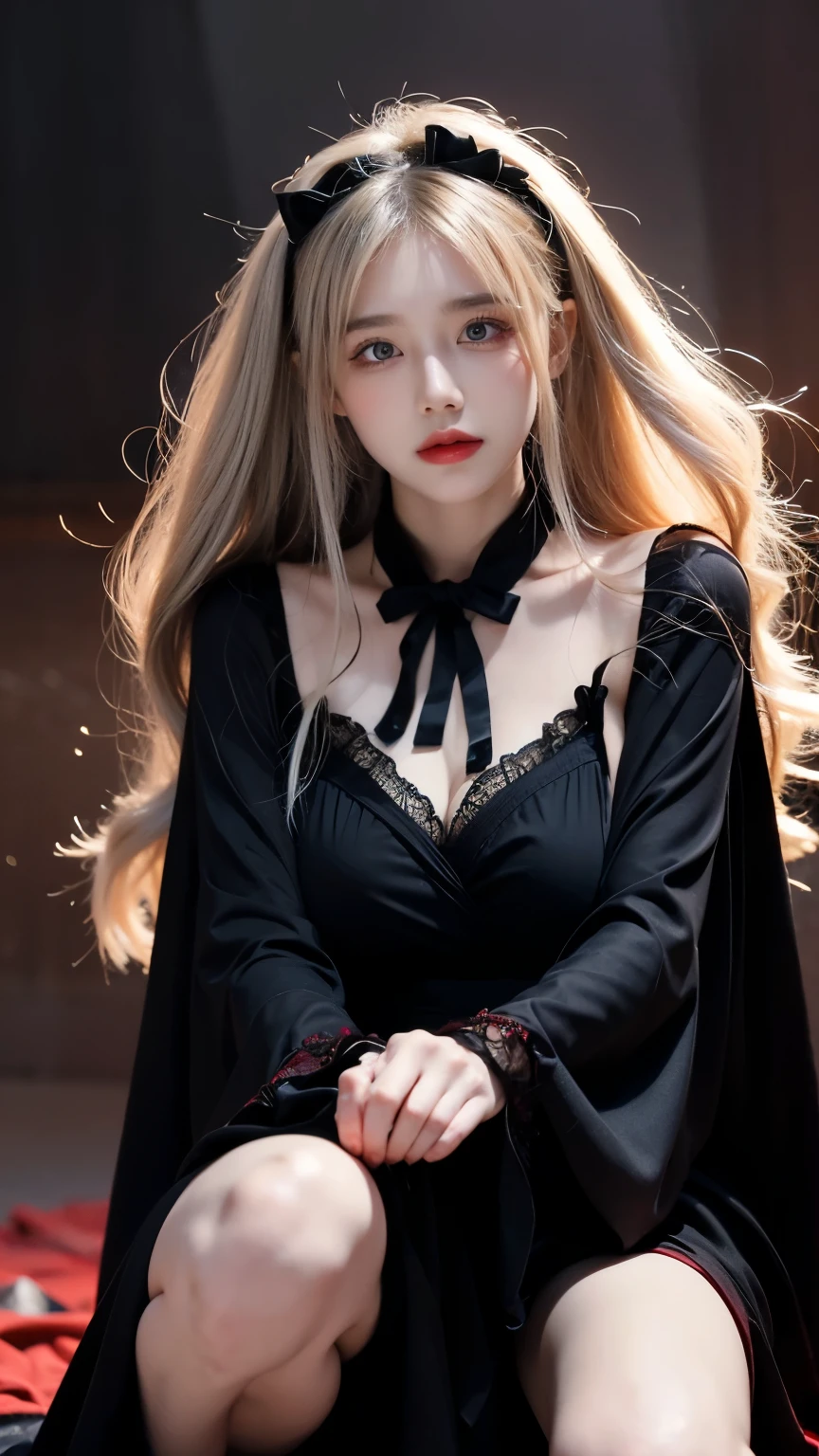 RAW Photos, (Full HD Epic Wallpaper),8k,Hyper HD, Digital SLR, Soft lighting, high quality, Film Grain, Fujifilm XT3,The eyes are delicate and clear,The face is super clear,(1 person, woman:1.2),( Half Body), Long white hair, (The camera is focused on the knee:1.3),alone, Detailed Background, Detailed face, Pale complexion, Lolita Costume, (black)Robe, , Suspended particles, Particle Effects,, Red Flame, In the background, Enveloped in a deep red mist, sunset, Symmetrical Configuration, Spectacular atmosphere,