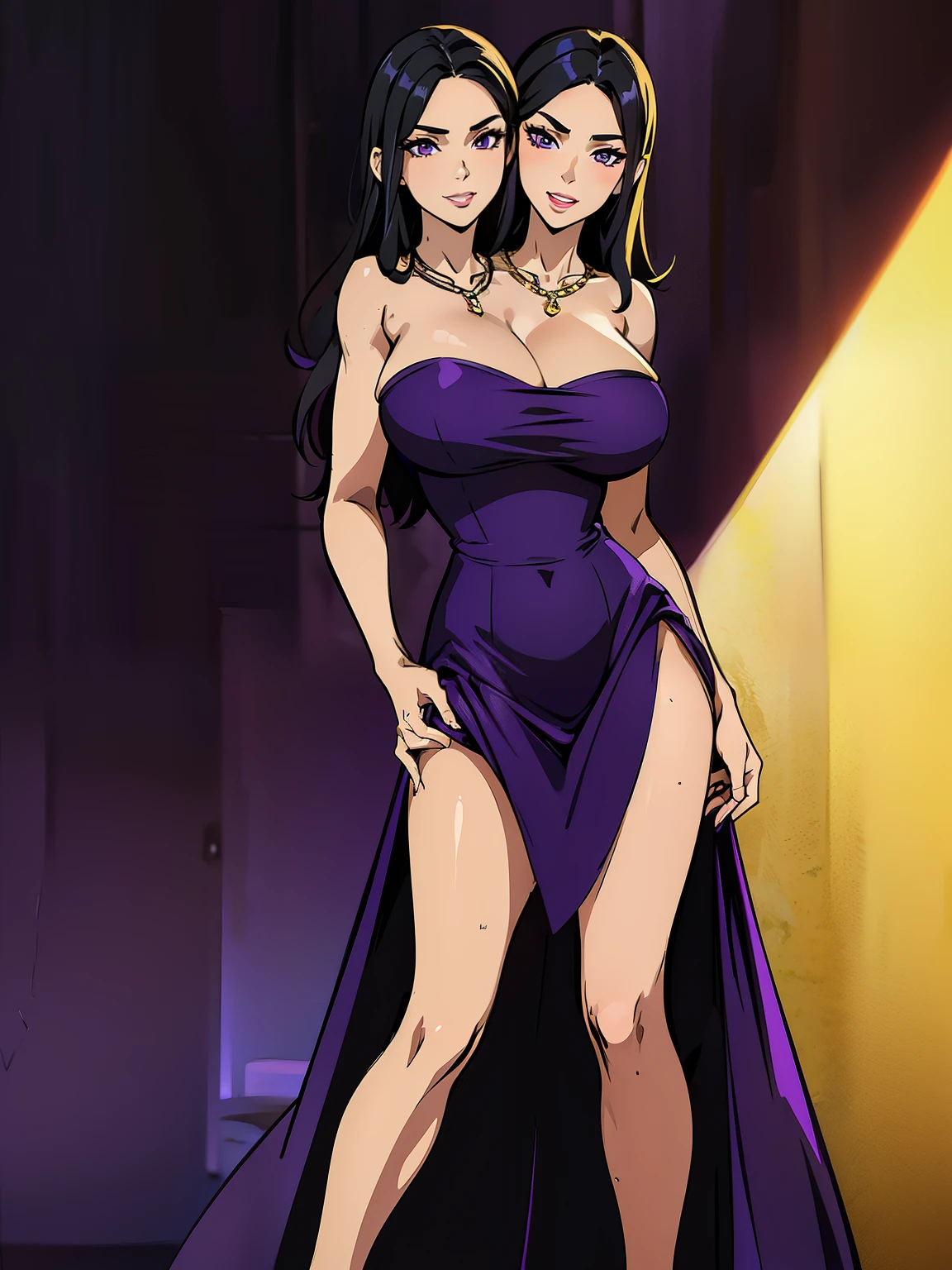 best quality, (masterpiece),(ultra-detailed), (high quality), (high resolution), ((2heads:1.5)), best quality:1.5, highres, UHD, 16K), two headed woman, smiling, highres, masterpiece, ((black hair)),cleavage, ((purple dress)), lustrous and smooth skin, huge breasts, (mature woman), seductive silhouette, ((slim hips)), casual dress, sexy proportions, Beautiful girl with accentuated slender abs, long legs, seductive woman, party background, necklace, body con dress, strapless, sleeveless