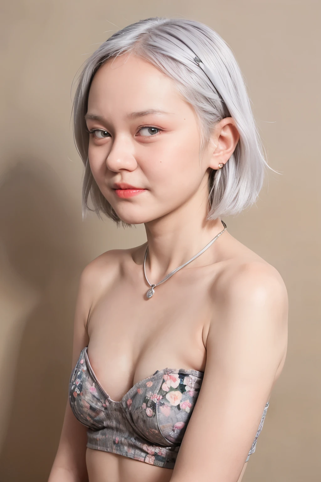 ((SHORT WHITE HAIR COLOR)), ((FLAT CHEST:1.8)), ((Lace)), (Happy smile), masutepiece, High quality, UHD 32K, Realistic face, Realistic skin feeling , A Japanese Lady, 58 years old matured lady, , Very cute and baby-like face, (((FLAT CHEST))), (Night time at forest), ((look In front at the camera and SADNESS)), (((CUTE GIRL))), ((YELLOW LIPS)), ((Floral Pattern)) little wearing strapless bra, strapless colorful bra, dark night background , black forest night, horror scary place, (from behind up) seductive pose