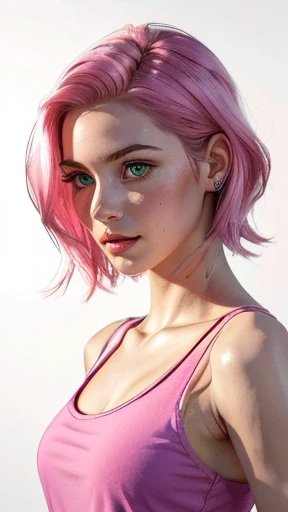 young woman, short shoulder-length pink hair, wide forehead, porcelain skin, pink eyebrows, big emerald green eyes, buttoned nose, full lips, heart-shaped face, slender body, small breasts, red tank top, Sakura Haruno , realistic, realism, details, 3d, well detailed
