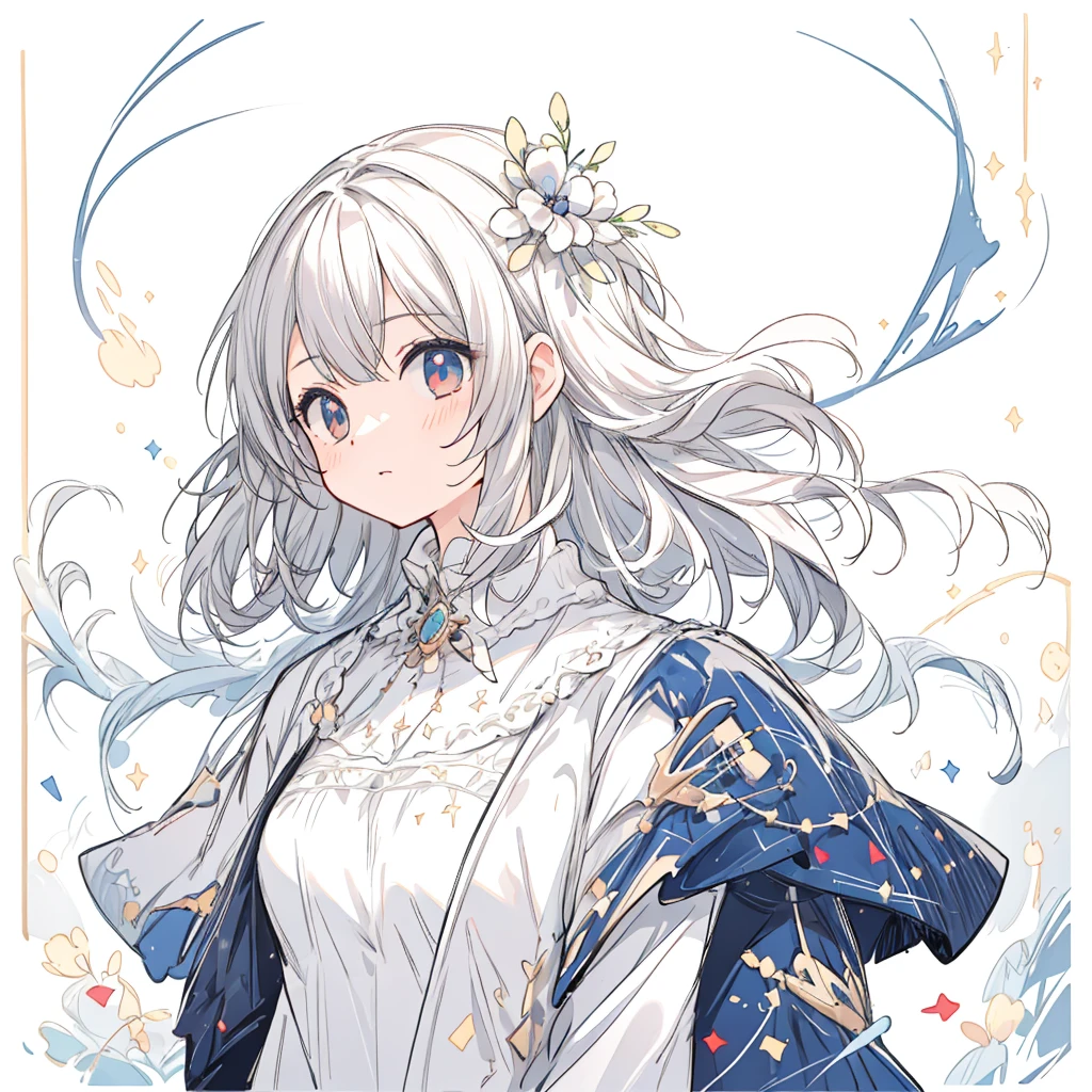 (masterpiece, best quality:1.2), illustration, absurdres, highres, extremely detailed, 1  girl, white short hair, red eyes, eye highlights, dress, short puffy sleeves, frills, outdoors, flower, fluttering petals, upper body, (moon:1.2), night, depth of field, (:d:0.8),（black pantyhose）