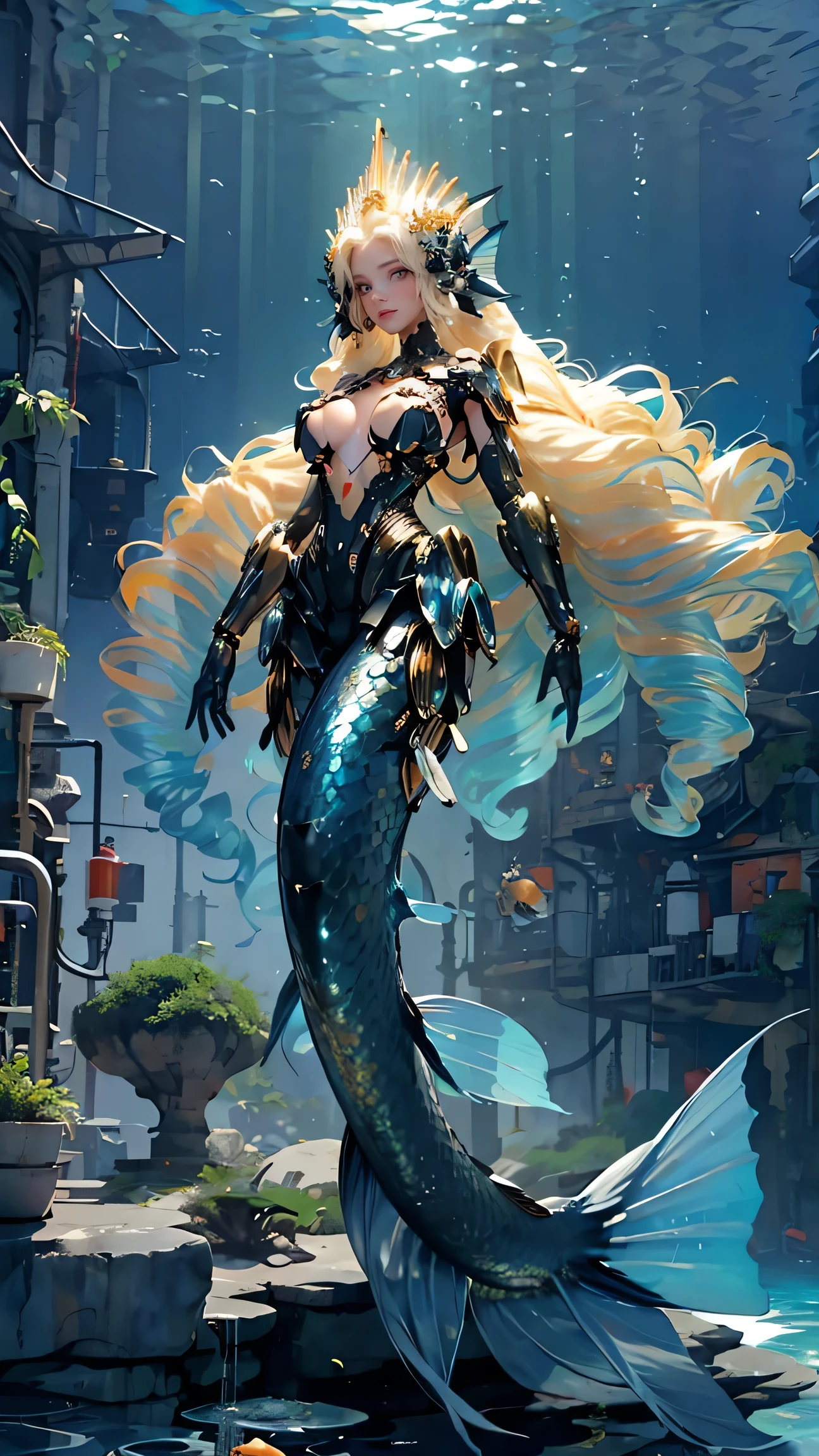 Best Best quality, masterpiece, ultra high res, raw photo, beautiful and aesthetic,deep shadow, dark theme,(photorealistic:1.4),
1girl, latex with frills, bodysuit, sitting, coral, underwater, on seabeds, Headdress, hair ornament, cyberpunk, a high-tech city, full of coral and sea element, drill hair, long hair, blonde hair, gradient hair, yellow eyes, solo, huge breasts, big hair, blue hair, tiara, divine goddess, looking at viewer, sea palace, fish, shell, conch, seafoam, bubble, ocean floor, pearls, astraea, full body, Fish ear, Mermaid, (machine: 1.1), (Mecha: 1.1), (Mechanical fish tail: 1.5), (fin: 1.2), (Human arm: 1.2), neon light 