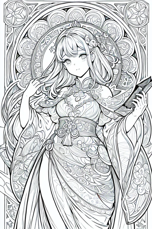 Imagine a Mucha-style coloring book for coloring books。It features a thick black outline。Bold line finish、Producing visuals that captivate the viewer。This style of rendering、Perfect for coloring books、Drawn down to the smallest detail、colorless、colorless