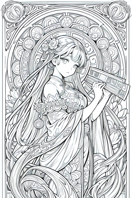 Imagine a Mucha-style coloring book for coloring books。It features a thick black outline。Bold line finish、Producing visuals that captivate the viewer。This style of rendering、Perfect for coloring books、Drawn down to the smallest detail、colorless、colorless