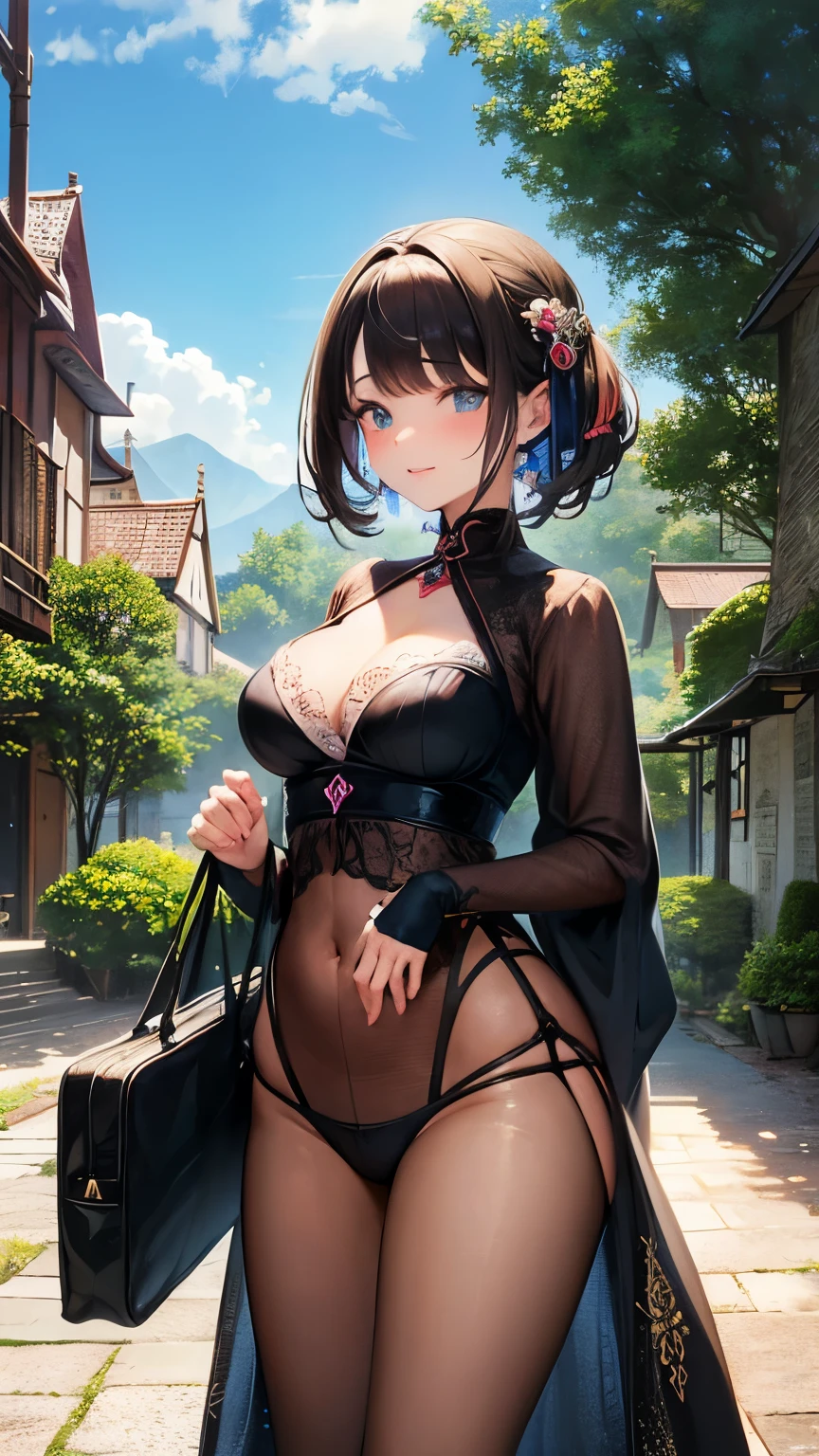 photography of a 20yo woman, perfect face, masterpiece, bra, underwear, black_bra, jacket, black_panties, ((best quality)), ((masterpiece)), (detailed), perfect face, An Arab woman wearing a tight-fitting nightgown and stockings is walking on the road, in the forest, deep in the forest, enjoying a stroll in the forest, in the forest, dense forest, in the forest, in the forest, thicc, standing in the forest, sexy maid in a magical forest, in Forest, very thick thighs, big thighs. Huge and heavy breasts. Wide hips. Flat belly.