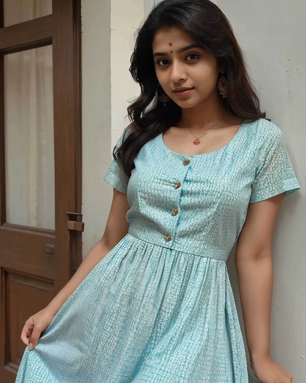 Tanvi in a retro dress. Realistic, best quality image. 