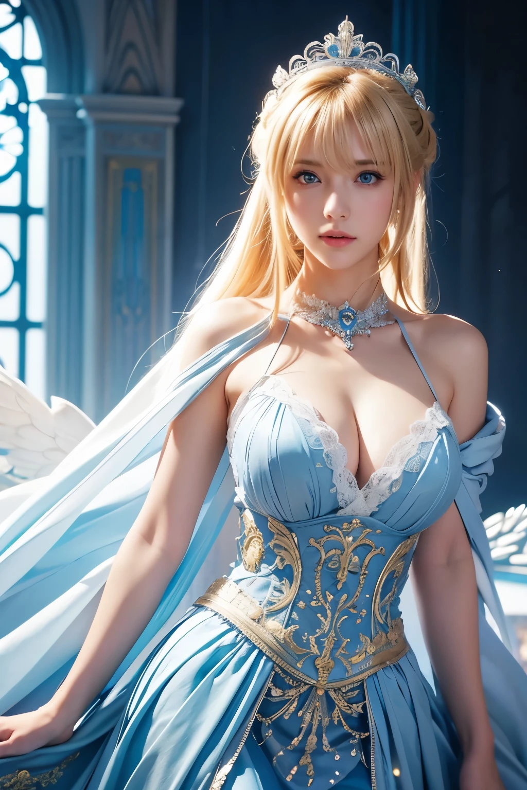 a photography, HD,, photo, woman, beautiful dress ornate, mdjrny-v5, style portrait of a gorgeous blond female in the style of stefan kostic, realistic, half body shot, sharp focus, 8 k high definition, insanely detailed, intricate, elegant, art by stanley lau and artgerm, extreme blur flames background, Princess girl with wing, Blue, Pastel, glitter, dramatic, dreamy, pastel, Watercolor, Whimsical, Delicate, seashell crown, Trending on Artstation, Highly detailed, Intricate, Portrait, digital painting, Fantasy theme, Fantasy robes, Fantasy concept art, Fantasy character art, Smug, Teenage girl, perfect body, full body, dreamy, pastel, Watercolor, Whimsical, Delicate, seashell crown masterpiece, 8k, perfect lighting, , adult, female, cowboy shot, looking at viewer, cinematic lighting, Fawn