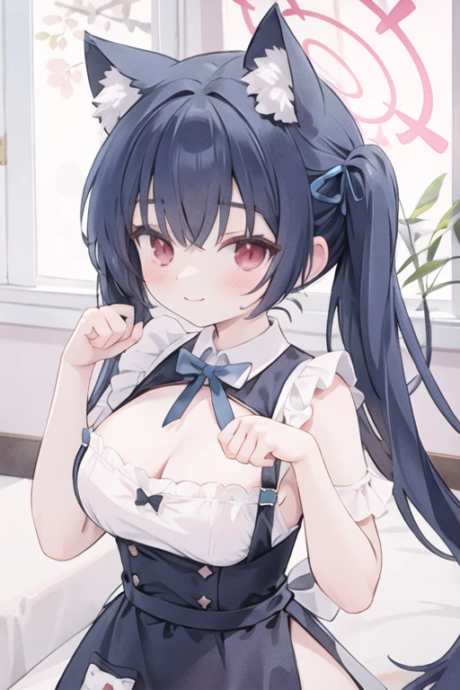 serika_bluearchive,cat ears,looking at viewer, little smile,white naked apron, slim, dizzy, big-chest, wide hips, perfect waist, day atmosphere, hair ornament,paw pose