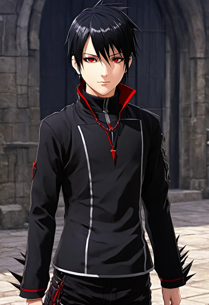 A young wizard with short spiky black hair and black clothes with red details anime style hd