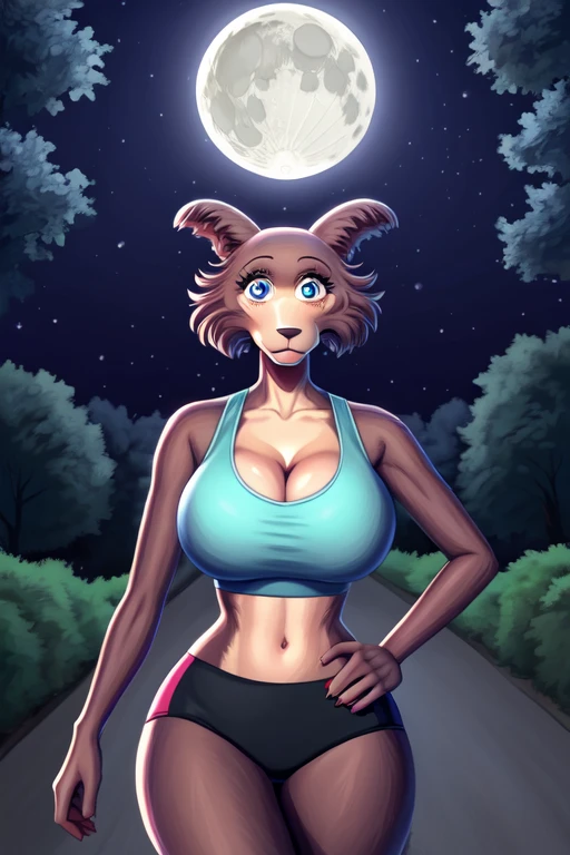 Beastars art style, beastars, Juno, brown wolf, she Wolf, 1girl, furry, long curly brown fur, slim figure, blue eyes, wide hips, Big breasts, sports bra, cleavage, night time, moon, jogging
