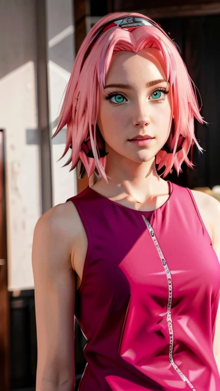 young woman, short shoulder-length pink hair, wide forehead, porcelain skin, pink eyebrows, big emerald green eyes, buttoned nose, full lips, heart-shaped face, slender body, small breasts, red tank top, Sakura Haruno , realistic, realism, details, 3d, well detailed
