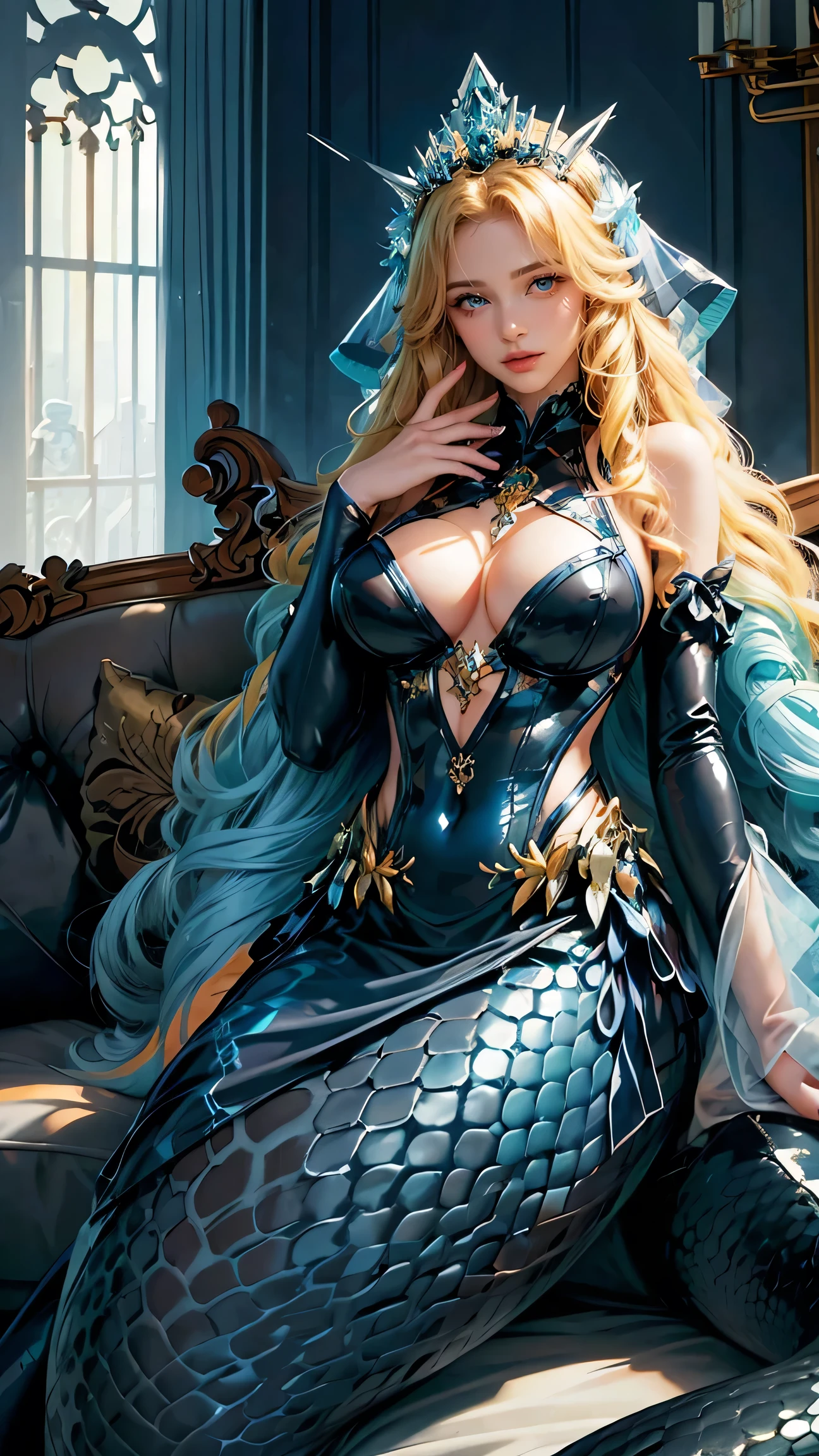 Best Best quality, masterpiece, ultra high res, raw photo, beautiful and aesthetic,deep shadow, dark theme,(photorealistic:1.4),
1girl, latex with frills, bodysuit, sitting on sofa, Headdress, hair ornament, full of coral and sea element, drill hair, long hair, blonde hair, gradient hair, yellow eyes, solo, huge breasts, big hair, blue hair, tiara, divine goddess, looking at viewer, royal palace, indoors, bedroom, astraea, full body, lamia