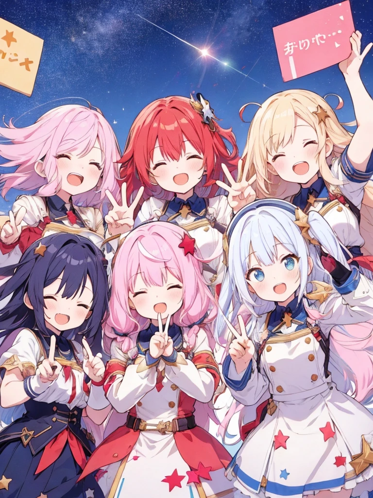 6+ girls, multiple colored hairs, random heroine clothes, random cute faces, game heroines, super happy smiling, open mouth, closed eyes, group shot, zoom camera, peace sign, happy end, starry sky