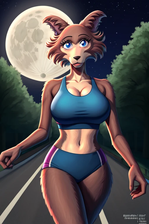 Beastars art style, beastars, Juno, brown wolf, she Wolf, 1girl, furry, long curly brown fur, slim figure, blue eyes, wide hips, Big breasts, sports bra, night time, moon, jogging
