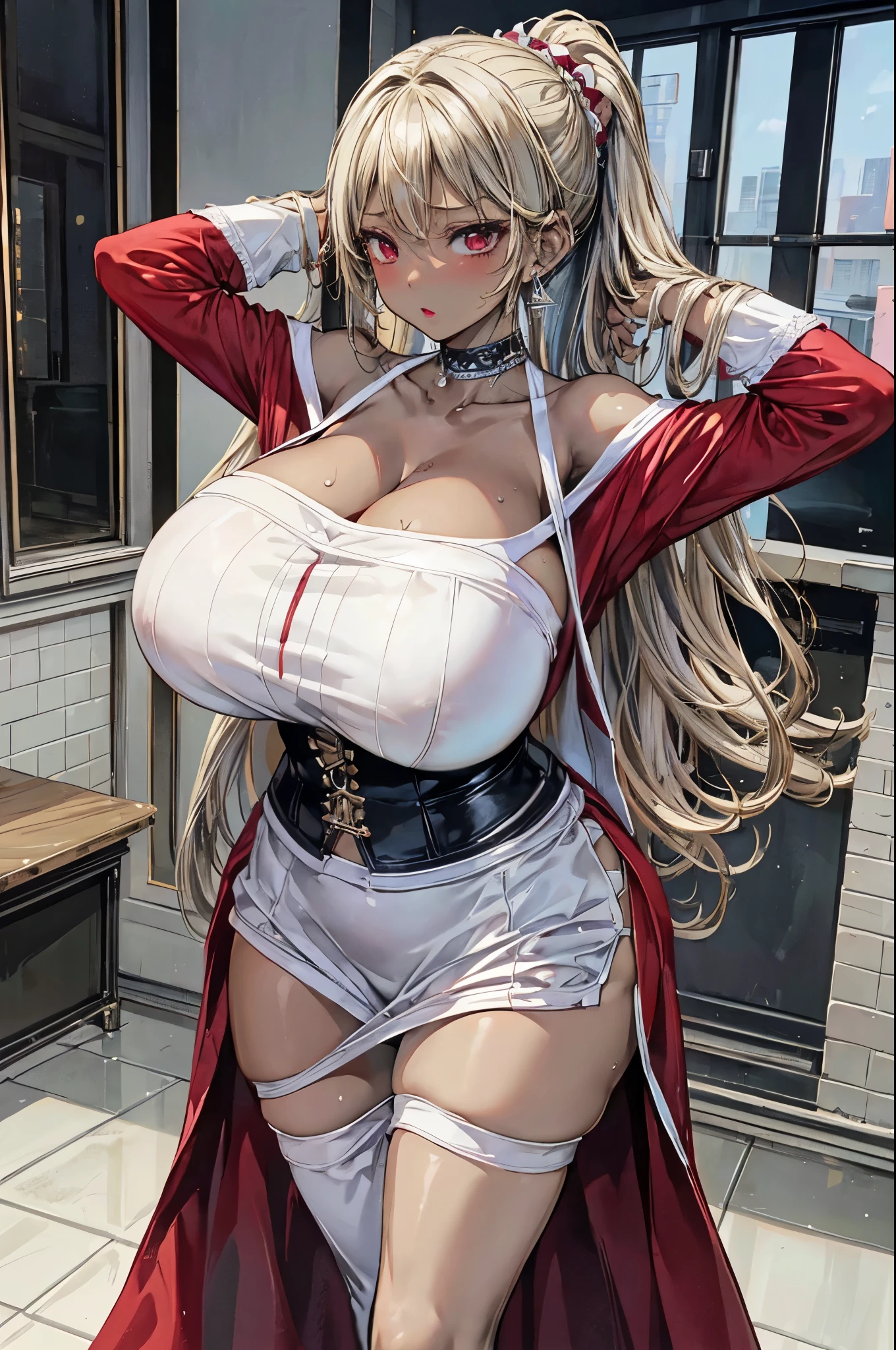(masterpiece:1.2、highest quality、Tmasterpiece)、1 female、alone、classroom、Day、stand、blonde、ponytail、Red eyes、(rc:1.4)、(Dark Skin:1.4)、Big Breasts、(Place your hands behind your head:1.2)、corset、Hoop Earrings、lipstick、Very sweaty、Ring Choker、Scrunchie、blush、Covered breasts、Bangs braids、(Thick lips:1.2)