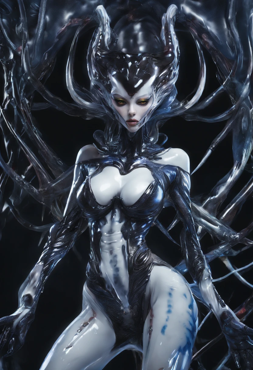 (Surreal:1.5),The beauty fused with venom ,(Dark Aesthetics, Venom Black Gold Helmet:1.1), (Long legs:1.5),((huge fake breasts:1.5)), ((:1.5)), (Muscle Abs:1.3), (whole body),((Venom Futuristic Crop Top, Dark tights,portrait:1.5)), ((Busty Adult, perfect body:1.2)), (Looking at the audience:1.3), (Female focus:0.8), (HALLRoom OF FUTURISTIC SPACE STATION:1), (Glossy white_Room:1.3), Super texture, (4X multi-anti-aliasing), ((Unreal Engine 5 Rendering)), Physically Based Rendering, Ultra HD, 16K, 1080p.