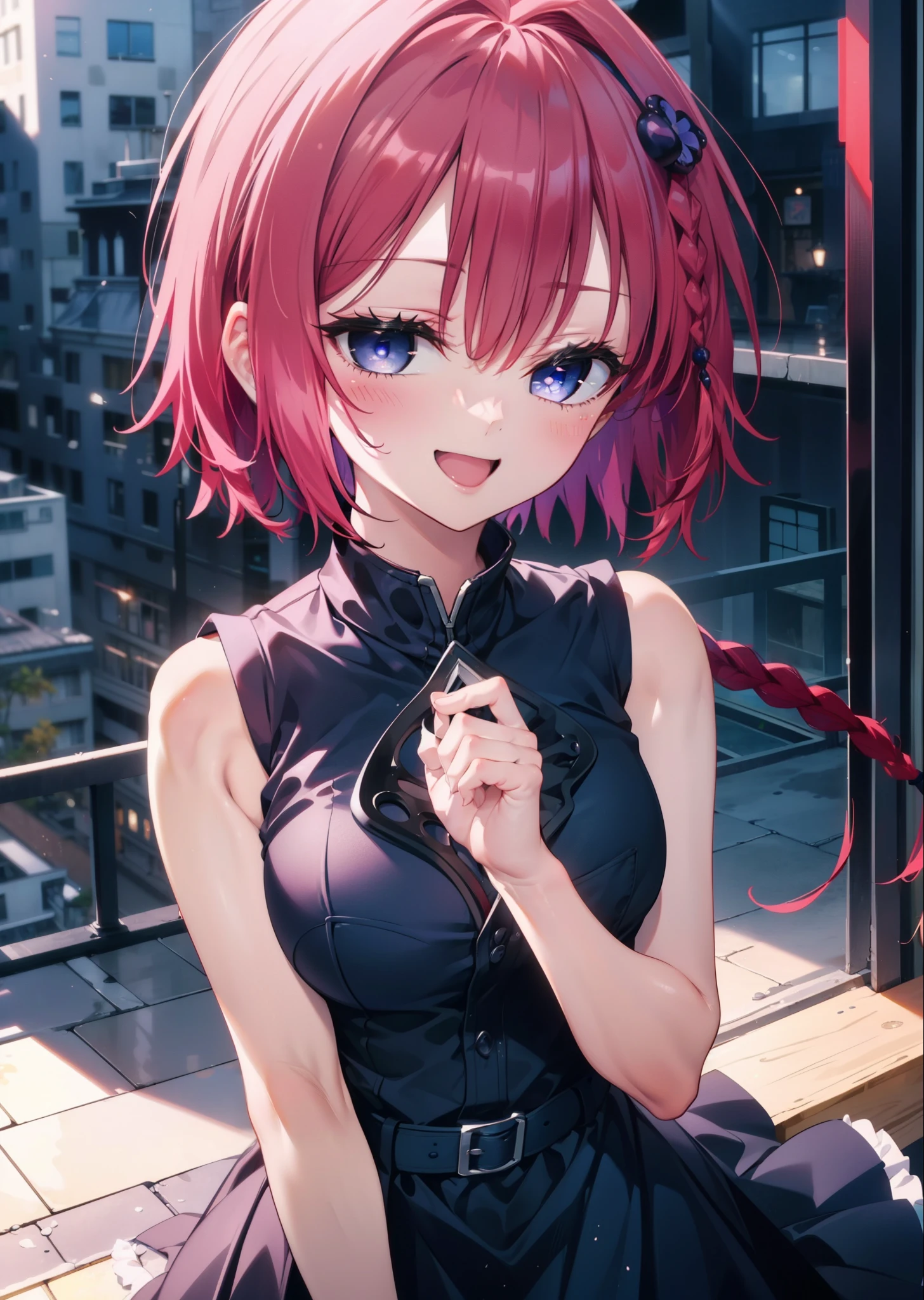 (masterpiece, highest quality:1.2),shape,8k,High resolution,kurosaki mea,Cowboy Shot,As if your whole body is in the illustration,1 girl,happy smile, smile, Open your mouth,Red hair,Long braids,Upper Body,(Portraiture:1.2),hair ornaments,smile,Purple eyes,Medium Chest,White Hair Band,ponytail,Sleeveless dress,Long skirt,Cute Sandals,happy smile, smile, Open your mouth,smile,blush, Building district (Cowboy Shot:1. 5),(masterpiece:1.2), highest quality, High resolution, unity 8k wallpaper, (shape:0.8), (Beautiful and detailed:1.6), Highly detailed face, Perfect lighting, Extremely detailed CG, (Perfect hands, Perfect Anatomy),
