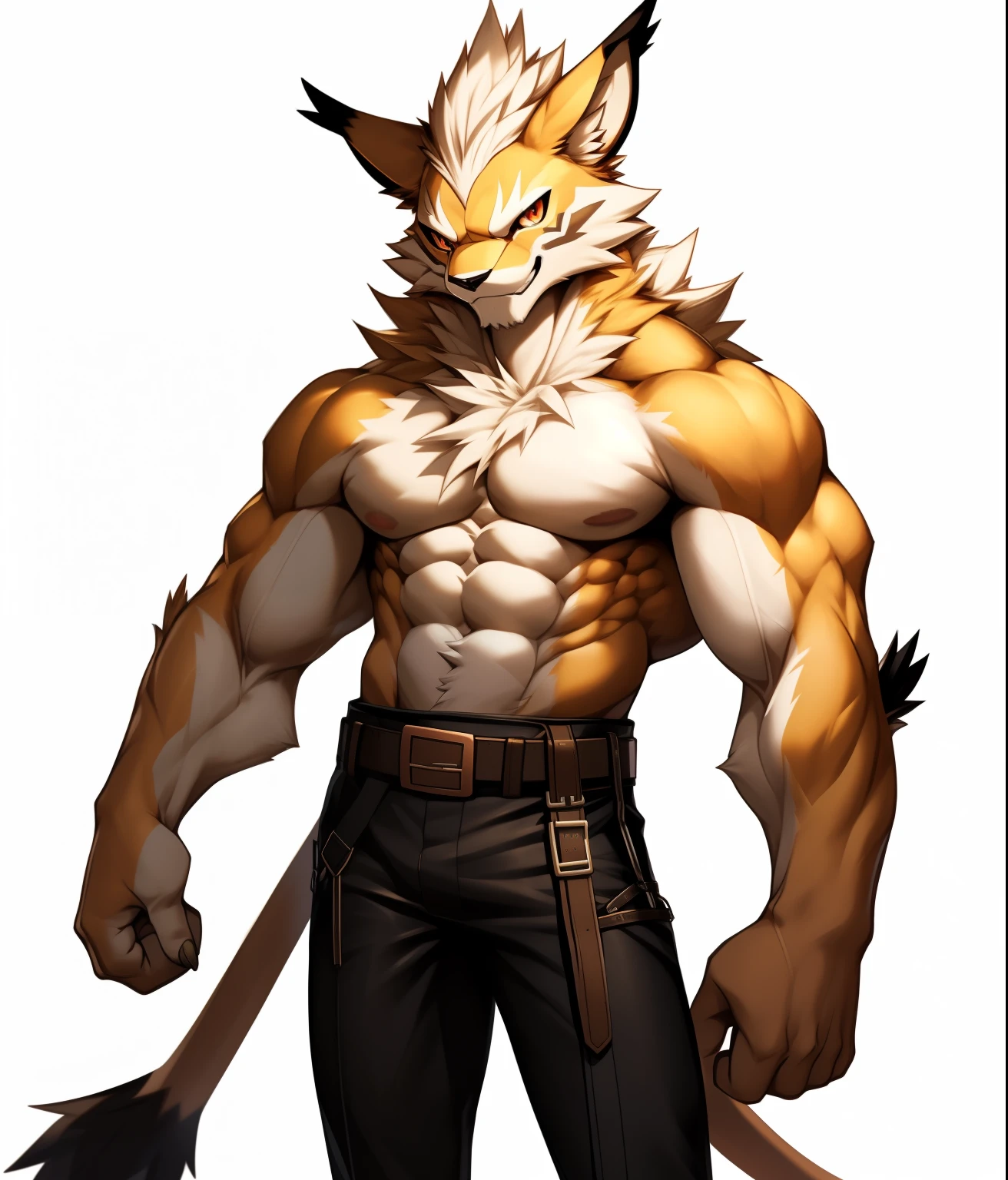 nj5pielry, (Leomon, 16 years old, Slender, Aesthetic), (((((black pants with bronze buckle belt))))) Leomon, Young face, teenager, ((Extremely realistic shadows, Masterpiece, extremely detailed, photorealistic)), kemono, Looking at viewer, ((front)), Curious look, Leomon, ((Detailed face)), nose, red eyes, ((detailed eyes)), skin, fur, Hair, alone , Height 2 meters tall, Optimal height, very tight clothing, 80 kg, Slim but muscular body; Ripped ABS muscle pecs, slim waist, long legs, Strong arms, Beautiful face, Attractive calm and cold face type with a mischievous smile, Topless. Shirtless background: white background, He was wearing tight black pants with a bronze buckle belt that revealed toned muscular thighs, a bulging neck. ((Shirtless)). Arms at sides, mischievous smile.