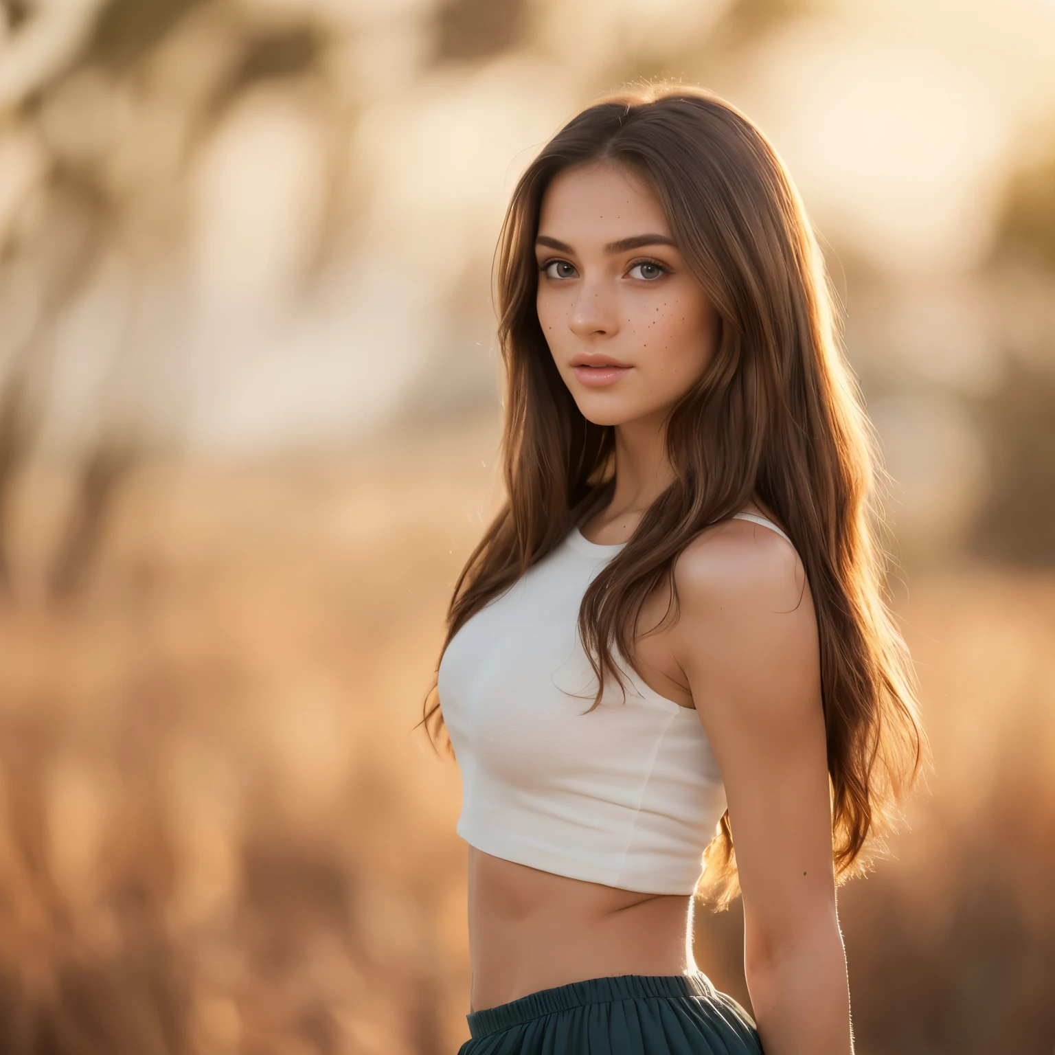 French woman with white tank top and necklace, Sexy girl with green eyes, Portrait Sophie Mudd, brown hair and large eyes, selfie of a young woman, Chamber Eye, Violet Myers, makeup-free, natural make up, looking straight at camera, Artgram Face, subtle makeup, Amazing full-body photos, Pierced green eyes, beautiful angle, Underwear Showing Pose, Cute  s, Crouching Spread Legs Panty Shot Pose, fullbody image, full bodyesbian, full body photographed, brunette goddess, high detailing, Pose of Satisfaction, Wear a grey miniskirt and boots, skirt by the, boots