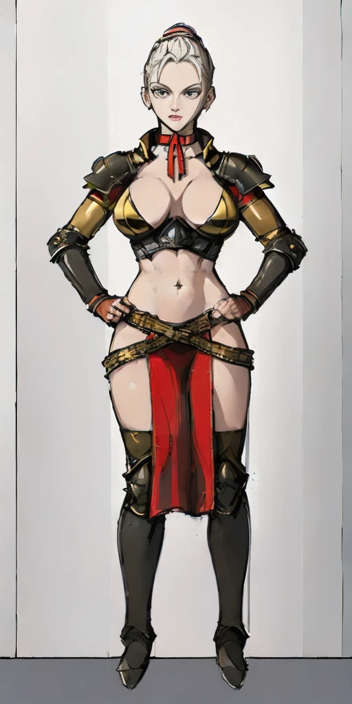 ((Plain background 1:2)) (Cammy White Street Fighter 6) Female full body standing straight symmetrical looking to the viewer RED full body armored (handcuffs, shackles, rerebrace, faulds, poleyn, gauntlets, leather collar choker) big belt under belly button, navel, belt over belly button ((hands on hips))
