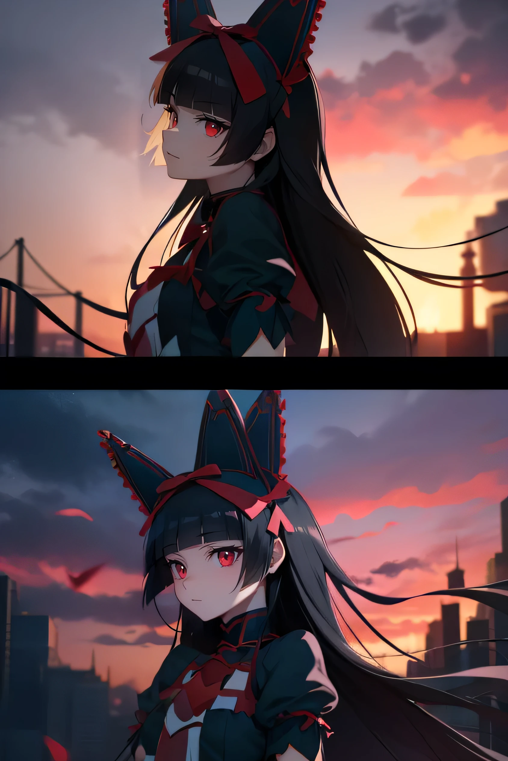 Rory Mercury, Rory Mercury, Black Hair, Blunt bangs, Hime cut, hair ornaments, lipstick, Long Hair, compensate, (Small box:1.2), (Red eyes:1.5), break black gloves, Black Knee Socks, Garter Straps, gloves, Gothic, Hair Ribbon, Gothic fashion, puffy, break outdoors, city, break looking at viewer, break (masterpiece:1.2), highest quality, High resolution, unity 8k wallpaper, (figure:0.8), (Detailed and beautiful eyes:1.6), Highly detailed face, Perfect lighting, Extremely detailed CG, (Perfect hands, Perfect Anatomy),In underwear, Sexy corsets, lace and lingerie with great detail,Bedroom, ((masterpiece)), (((highest quality))), ((Super detailed)) ,