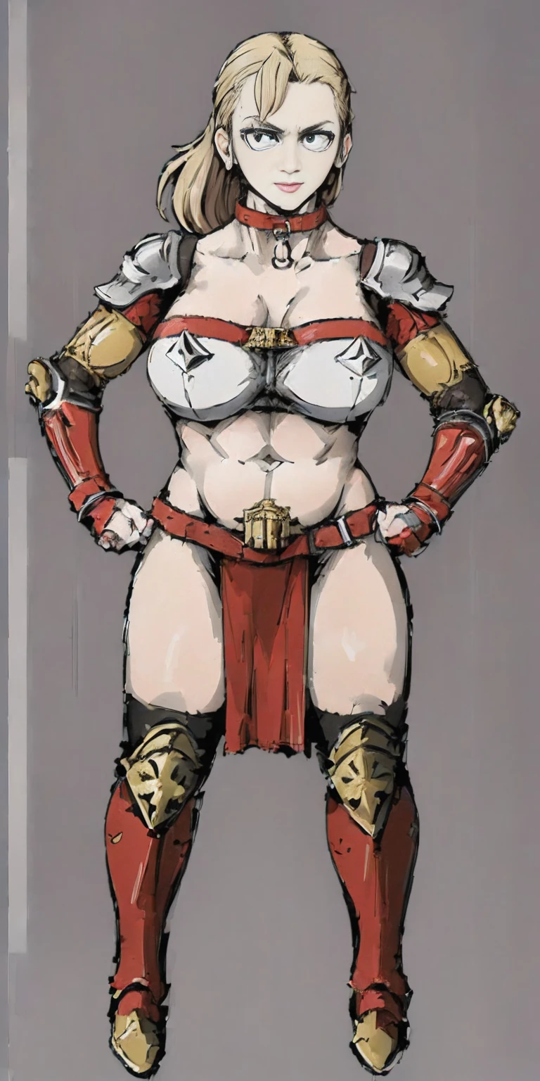 ((Plain background 1:2)) (Cammy White Street Fighter 6) Female full body standing straight symmetrical looking to the viewer RED full body armored (handcuffs, shackles, rerebrace, faulds, poleyn, gauntlets, leather collar choker) big belt under belly button, navel, belt over belly button ((hands on hips))