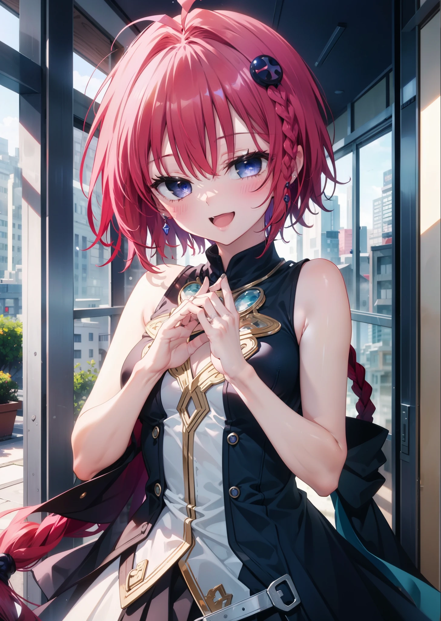 (masterpiece, highest quality:1.2),shape,8k,High resolution,kurosaki mea,Cowboy Shot,As if your whole body is in the illustration,1 girl,happy smile, smile, Open your mouth,Red hair,Long braids,Upper Body,(Portraiture:1.2),hair ornaments,smile,Purple eyes,Medium Chest,White Hair Band,ponytail,Sleeveless dress,Long skirt,Cute Sandals,happy smile, smile, Open your mouth,smile,blush, Building district (Cowboy Shot:1. 5),(masterpiece:1.2), highest quality, High resolution, unity 8k wallpaper, (shape:0.8), (Beautiful and detailed:1.6), Highly detailed face, Perfect lighting, Extremely detailed CG, (Perfect hands, Perfect Anatomy),
