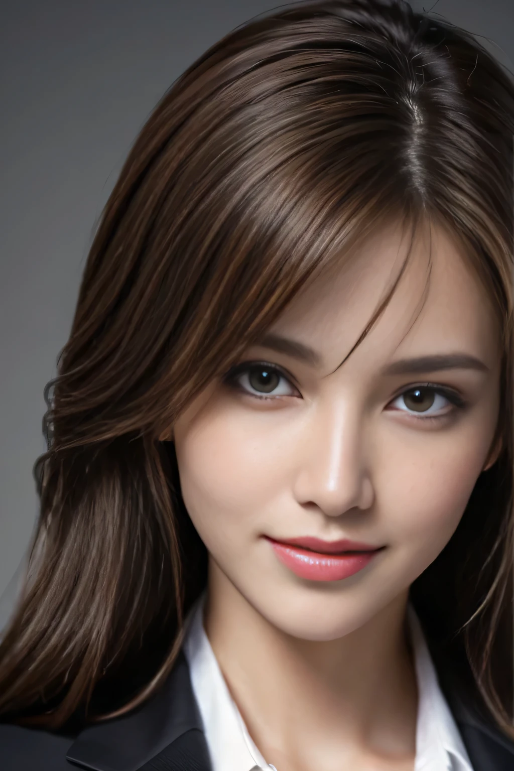 Tabletop, highest quality, Realistic, Very detailed, In detail, High resolution, 8k wallpaper, One beautiful woman,, Light brown messy hair, Wearing a business suit, Sharp focus, Perfect dynamic composition, Beautiful fine details, Fine hair, Detailed and realistic skin texture, smile, Close-up portrait, Model Body Type