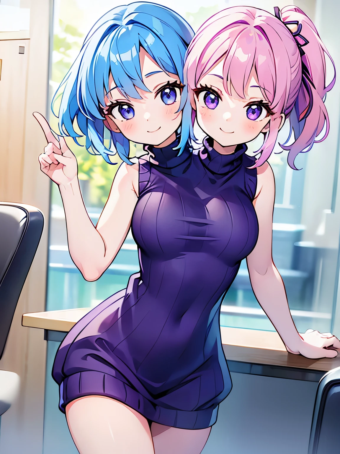 (masterpiece),(ultra-detailed), (high quality), (high resolution), (best quality:1.5, highres, UHD), highres, absurd, ultra detail, ultra quality, Ultra resolution, 16k, ((2heads:1.5)), (pink hair), (blue hair), (different hairstyles), violet eyes, casual wear, (purple turtleneck sweater), (sleeveless sweater), strong and confident expressions, ((kindergarten)), (smiling), ponytail, ((two headed girl)), hair ribbon