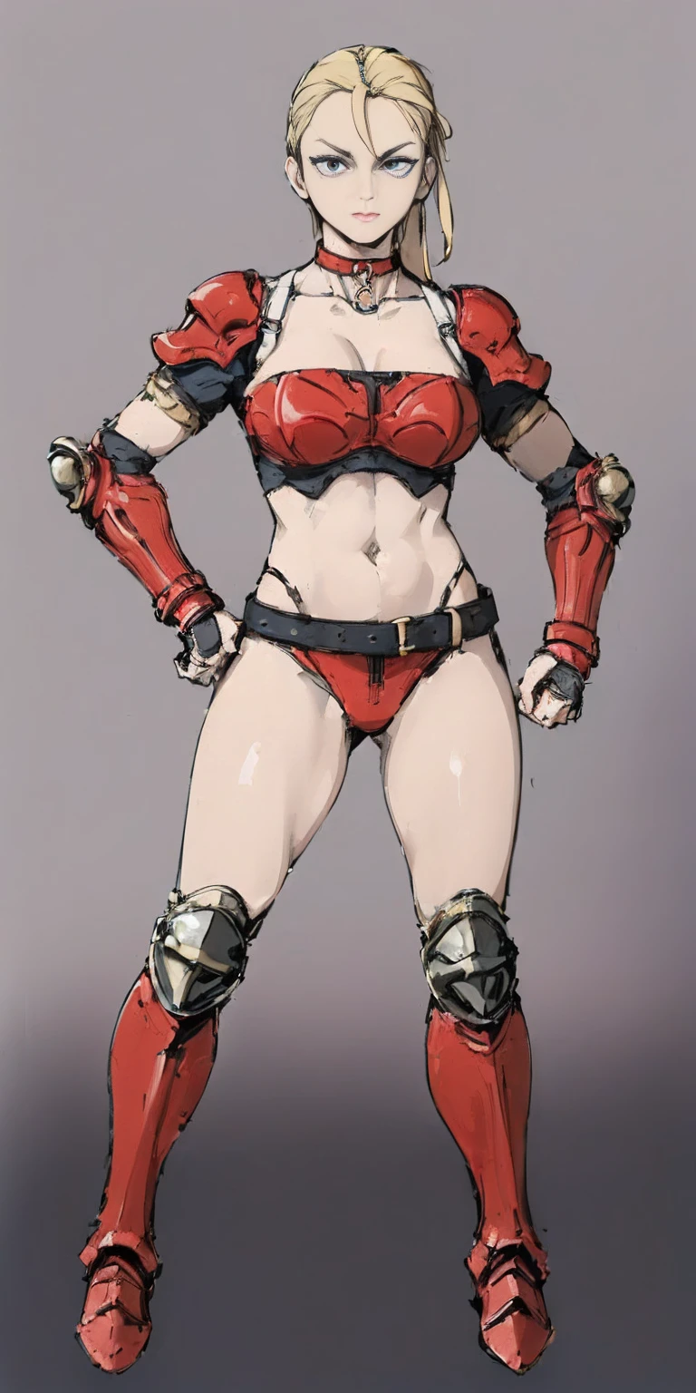 ((Plain background 1:2)) (Cammy White Street Fighter 6) Female full body standing straight symmetrical looking to the viewer RED full body armored (handcuffs, shackles, rerebrace, faulds, poleyn, gauntlets, leather collar choker) big belt under belly button, navel, belt over belly button ((hands on hips))
