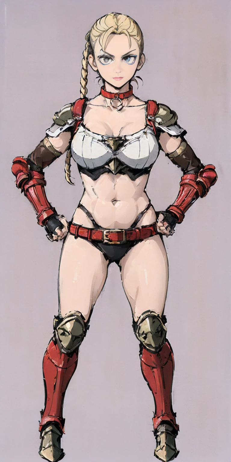 ((Plain background 1:2)) (Cammy White Street Fighter 6) Female full body standing straight symmetrical looking to the viewer RED full body armored (handcuffs, shackles, rerebrace, faulds, poleyn, gauntlets, leather collar choker) big belt under belly button, navel, belt over belly button ((hands on hips))