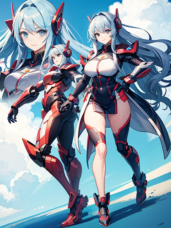 (masterpiece, best quality), best resolution, (2heads:1.5), 1girl, long white hair, red eyes, pov, looking at viewer, (neutral expression), (emotionless), beach, beautiful background, blue , sitting, wide , thick thighs, (robotic arms)