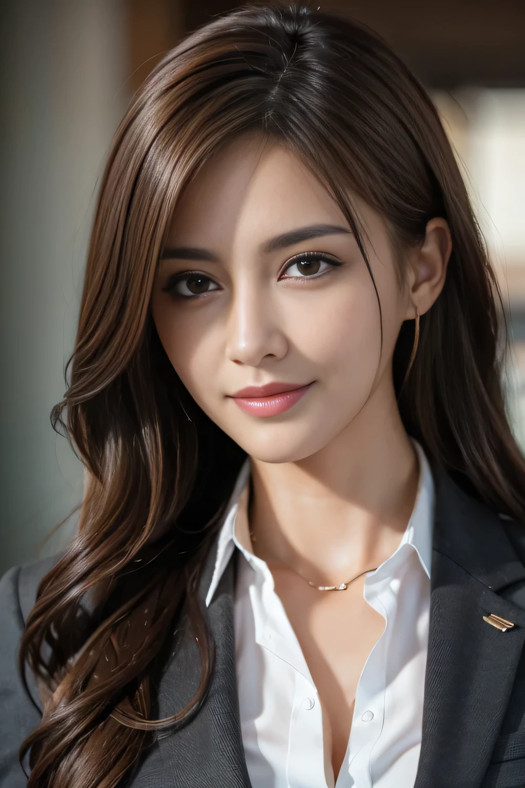 Tabletop, highest quality, Realistic, Very detailed, In detail, High resolution, 8k wallpaper, One beautiful woman,, Light brown messy hair, Wearing a business suit, Sharp focus, Perfect dynamic composition, Beautiful fine details, Fine hair, Detailed and realistic skin texture, smile, Close-up portrait, Model Body Type