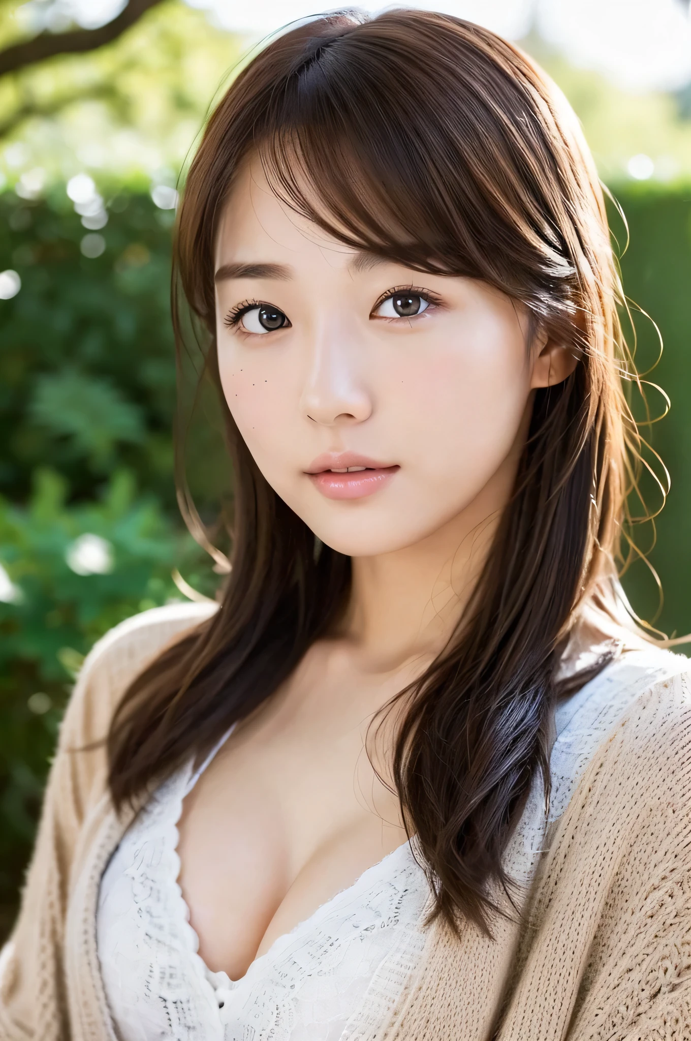 8k, highest quality, masterpiece, Realistic, Photorealistic, Ultra-detailed, Natural light, Highly detailed face and skin, Detailed eyes, Highly detailed face and skinの中間ショット, Beautiful woman staring at camera, Sexy pose, Beautiful Face, Realistic Face, Detailed face, Beautiful hairstyle, Realistic eyes, Fine grain, Realistic Skin, Detailed skin, Beautiful Skin, Charm, Ultra-realistic, Sexy Cardigan, kind, Brown Hair, Cute Japanese Girl, whole body