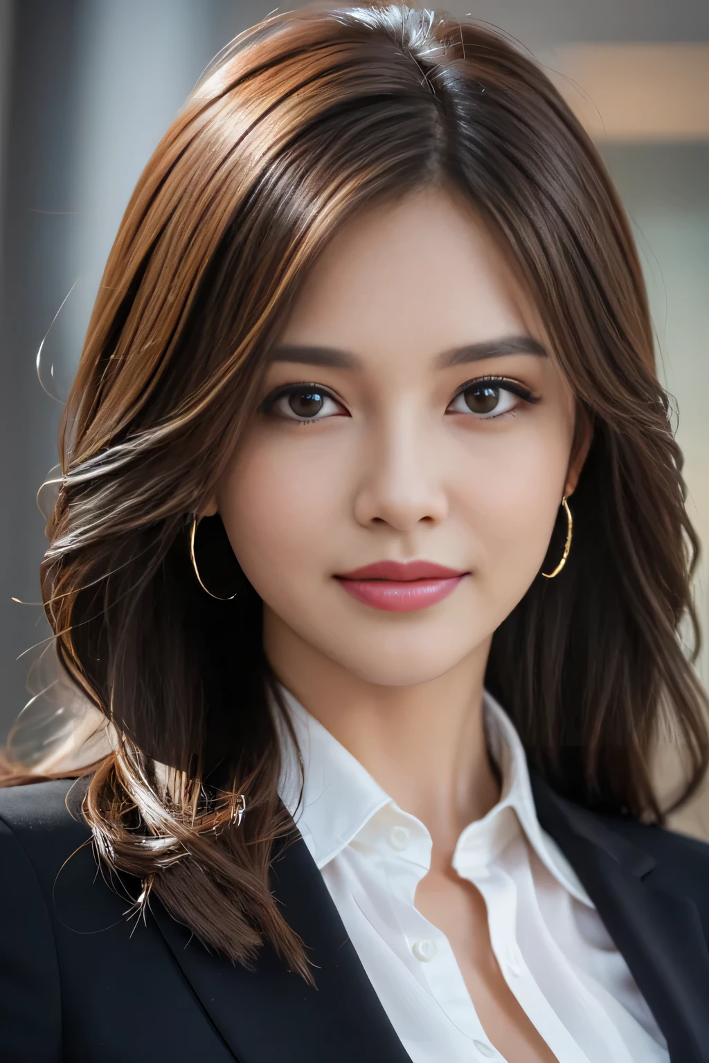 Tabletop, highest quality, Realistic, Very detailed, In detail, High resolution, 8k wallpaper, One beautiful woman,, Light brown messy hair, Wearing a business suit, Sharp focus, Perfect dynamic composition, Beautiful fine details, Fine hair, Detailed and realistic skin texture, smile, Close-up portrait, Model Body Type