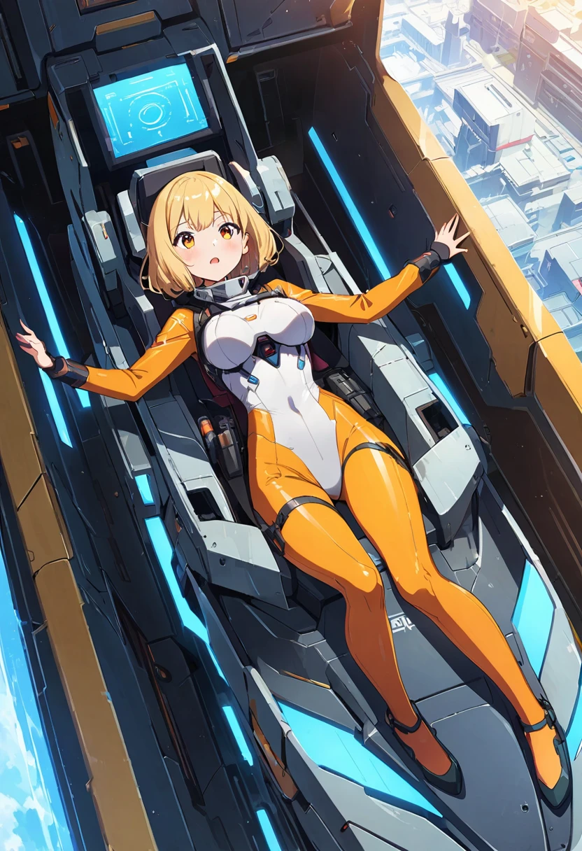 Thin full body suit、25-year-old female、Straight Bob Cut、Large Breasts、Small waist、Long, slender legs、A scene from a launch sequence in a sci-fi anime、Female pilot sliding out of cockpit from shooter、Hair flows wildly backwards、Brave face、Lie on your back and slide straight down