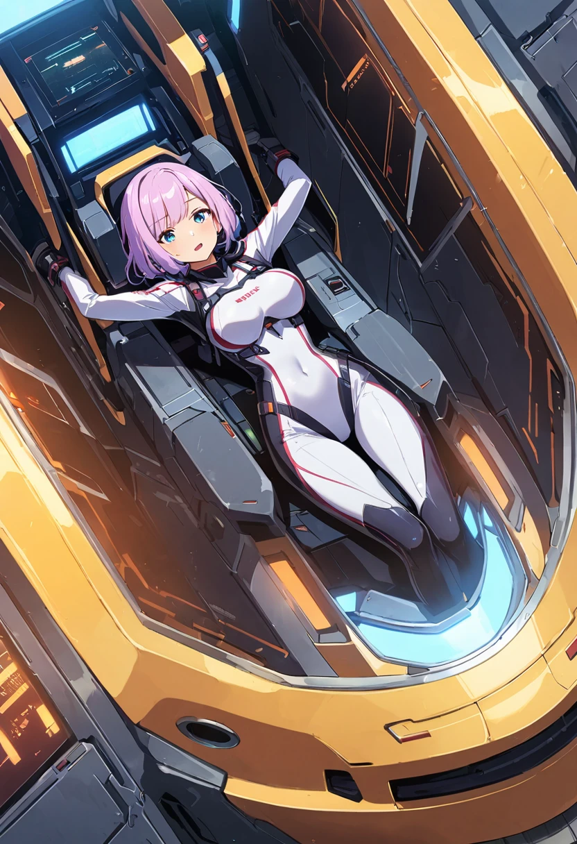 Thin full body suit、25-year-old female、Straight Bob Cut、Large Breasts、Small waist、Long, slender legs、A scene from a launch sequence in a sci-fi anime、Female pilot sliding out of cockpit from shooter、Hair flows wildly backwards、Brave face、Lie on your back and slide straight down