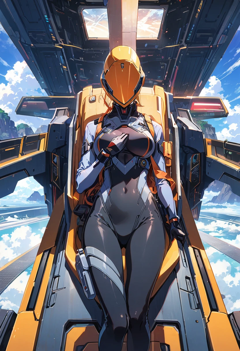 Thin full body suit、25-year-old female、Straight Bob Cut、Large Breasts、Small waist、Long, slender legs、A scene from a launch sequence in a sci-fi anime、Female pilot sliding out of cockpit from shooter、Hair flows wildly backwards、Brave face、Lie on your back and slide straight down