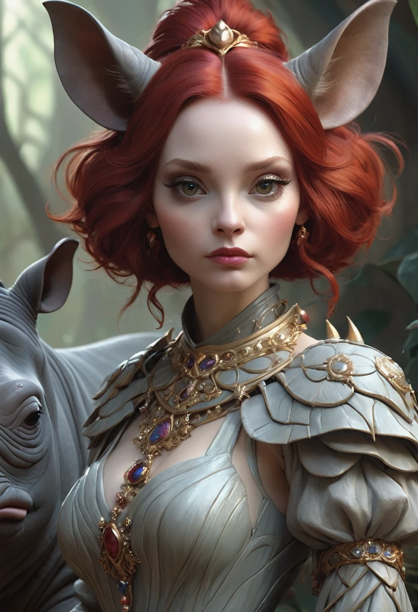 Brian Froud Inspired Gorgeous Alien Creature That Looks Like A Cross Between A Firby And A Rhino Wearing Dress Of Fur. Red Hair. Graceful. Elegant. Ae Inspiring. Official Art, Award Winning Digital Painting, Digital Illustration, Extreme Detail, 4k, Ultra Hd, Rococo, Polished, Intricate, Realistic Fantasy Art, Sharp Focus, Concept Art, Art By Wlop, Artgerm, (2d Vector Illustration)
