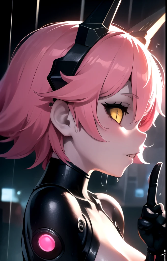 from side, 1girl, pink hair, short pink hair, bright pink skin 1:1.5, black sclera, yellow iris, detailed eyes, small horns (yellow), medium breasts, plug suit (black), plug holes on limbs, tight fit, curves, cleft of venus, peace sign, rain, street, cyberpunk, portrait, cyborg arm