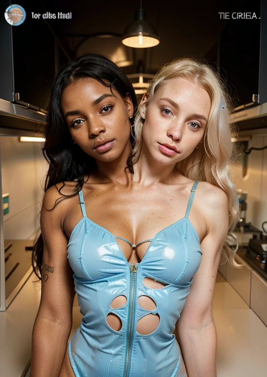 24-year-old dark skinned African American woman named Biena and, her pale white Irish lover with icy blonde hair named Estella, rival space colonists, atomic era spacefarers, (hugging each other tight, squishing their bodies together, slow dancing, hanging in her arms, flowing together), gazing at each other, eyes averted, in love, lusting after each other, (detailed atomic era space ship interior, science fiction, pastel colors), (( Estella is a pale white Irish woman, middle aged, some wrinkles, aging beauty, short icy blonde hair, curly hair, hair curlers, science fiction hairstyle, shoulder length hair, bangs over forehead, lots of freckles all over her body, white skin, pale skin, slim body, fit body, science fiction makeup, bright lipstick, eyeshadow)), ((Biena is 30-year-old, sexy African American woman, black short and curly hair, bangs, science fiction hairstyle, shoulder length hair, dark brown skin, suntanned skin, black skin, onyx skin, ebony skin, tattoos on her body, thick thighs, slightly chubby, big booty, science fiction makeup, bright lipstick, eyeshadow)), ultra-realistic photo, feminine features, ((both have very different facial features, ethnicities, and skin colors)), ((wearing orange and teal space outfit, Jetsons style clothing, science fiction costume, revealing outfit, atomic era style, undressing, atomic bikini, pin-up)), conjoined, 2 heads, different heads, different skin colors, vitiligo, harsh mixing, clear boundary where skin color changes, smooth transition, contrasting skin colors