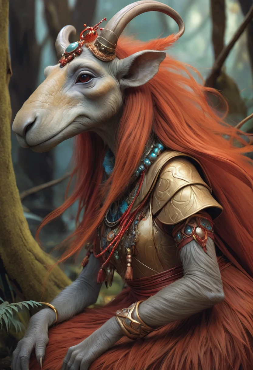 Brian Froud Inspired Beautiful Humanoid Creature. Cross Between A Wholly Mammoth And A Kangaroo. Copper Red Fur. Female. Friendly And Inviting Looking. Exudes Good And Kindness. Wearing A 1920 Dress. Official Art, Award Winning Digital Painting, Digital Illustration, Extreme Detail, 4k, Ultra Hd, Rococo, Polished, Intricate, Realistic Fantasy Art, Sharp Focus, Concept Art, Art By Wlop, Artgerm, (2d Vector Illustration)