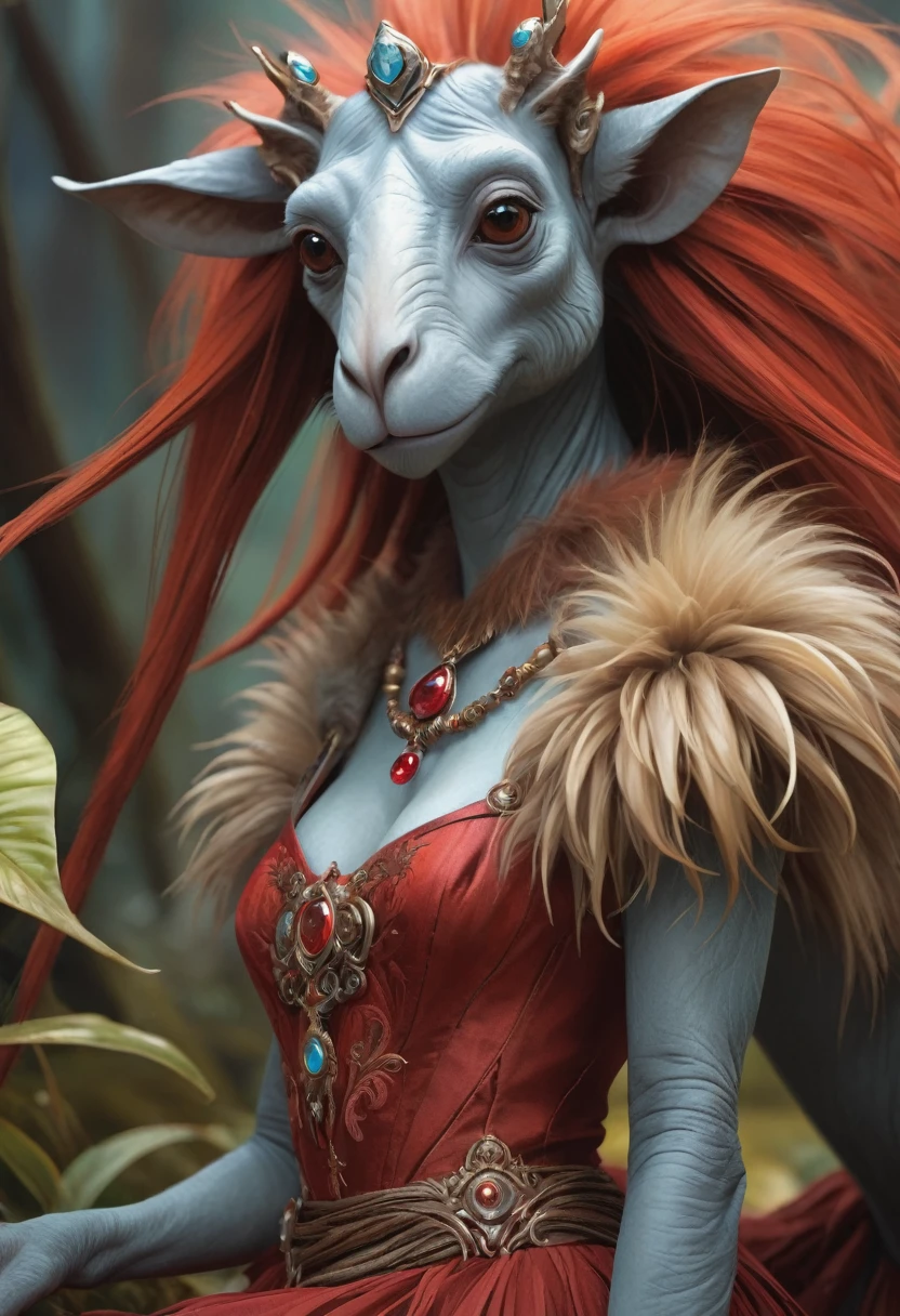 Brian Froud Inspired Beautiful Humanoid Creature. Cross Between A Wholly Mammoth And A Kangaroo. Copper Red Fur. Female. Friendly And Inviting Looking. Exudes Good And Kindness. Wearing A 1920 Dress. Official Art, Award Winning Digital Painting, Digital Illustration, Extreme Detail, 4k, Ultra Hd, Rococo, Polished, Intricate, Realistic Fantasy Art, Sharp Focus, Concept Art, Art By Wlop, Artgerm, (2d Vector Illustration)
