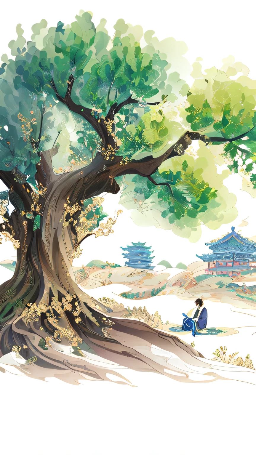 painting of a man Sitting under a tree with a book, Korean Artist, Reading under the tree, Inspired by Han Yonghao, by Pu Hua, A beautiful artistic illustration, author：Bian Xiangbi, Chinese Artists, Ancient Trees, Sitting under a tree, author Kim Hong-do, Chinese watercolor style, through Song Choi,, author：Yang Jie, official art works, Chinese style, author：Sheng Maoye