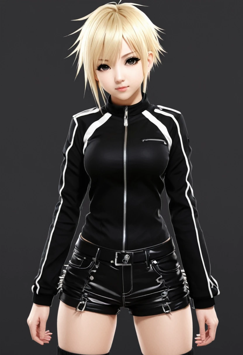 A cute girl with short spiky blonde hair in black clothes with white details, anime style, HD